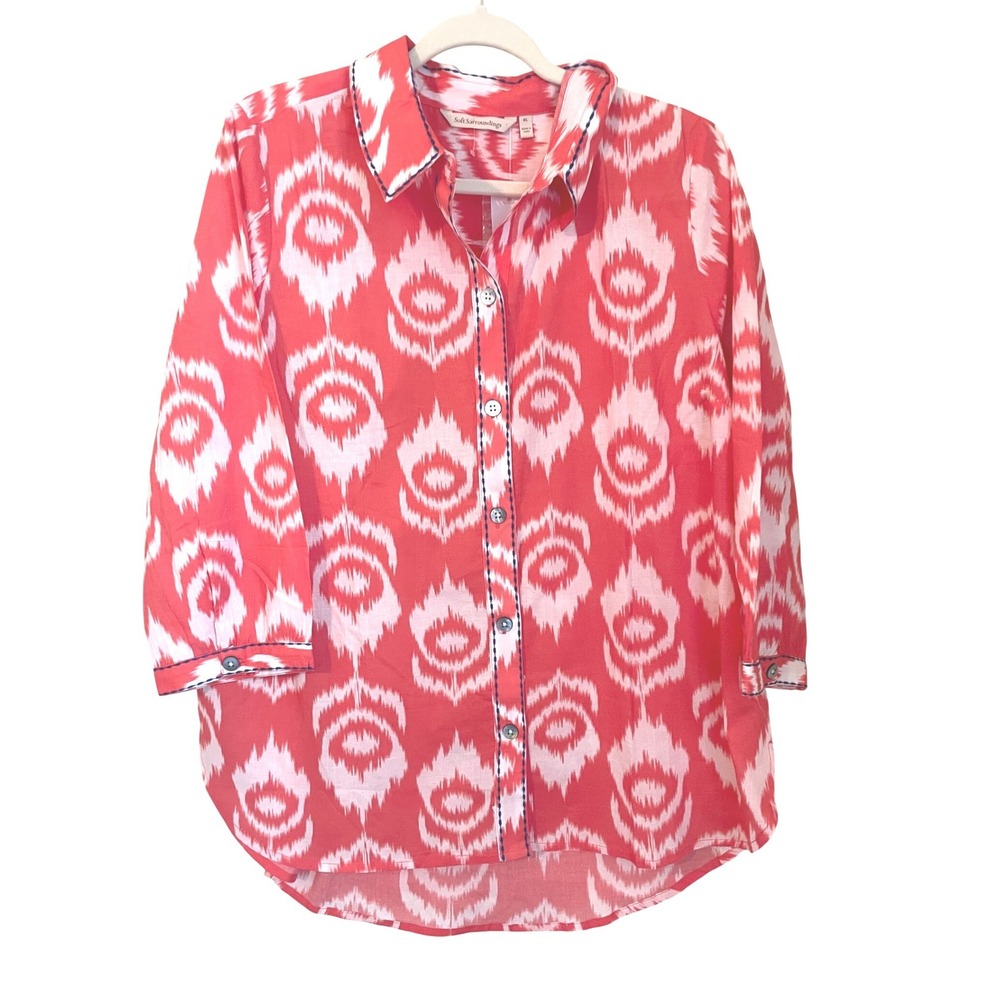 Soft Surroundings Maya Shirt XL Sunset Coral Ikat Cotton Embroidered 3/4 Slv